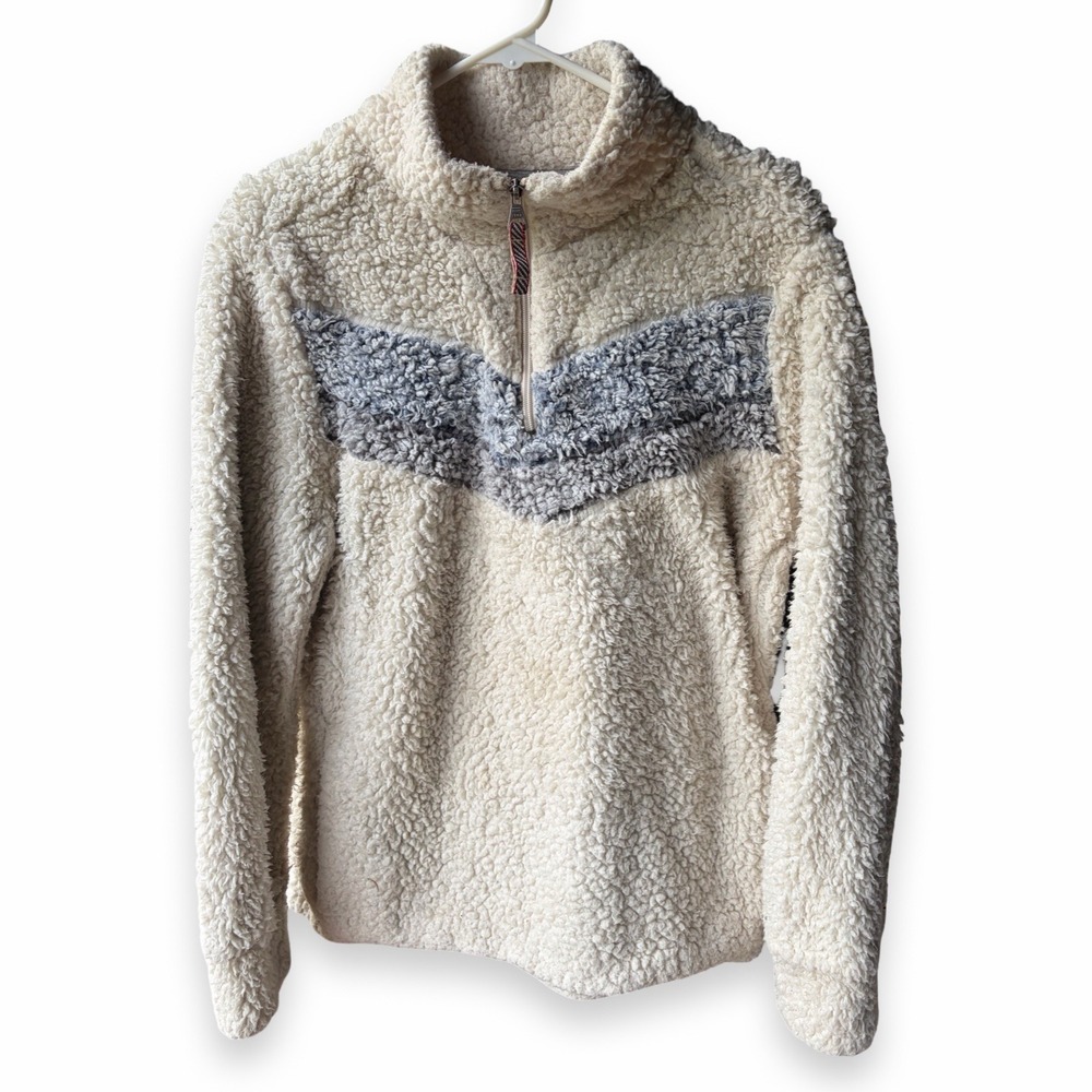 Cozy Fluffy Pullover 3/4 Zip Sherpa Fleece With Retro Stripe Woman's M